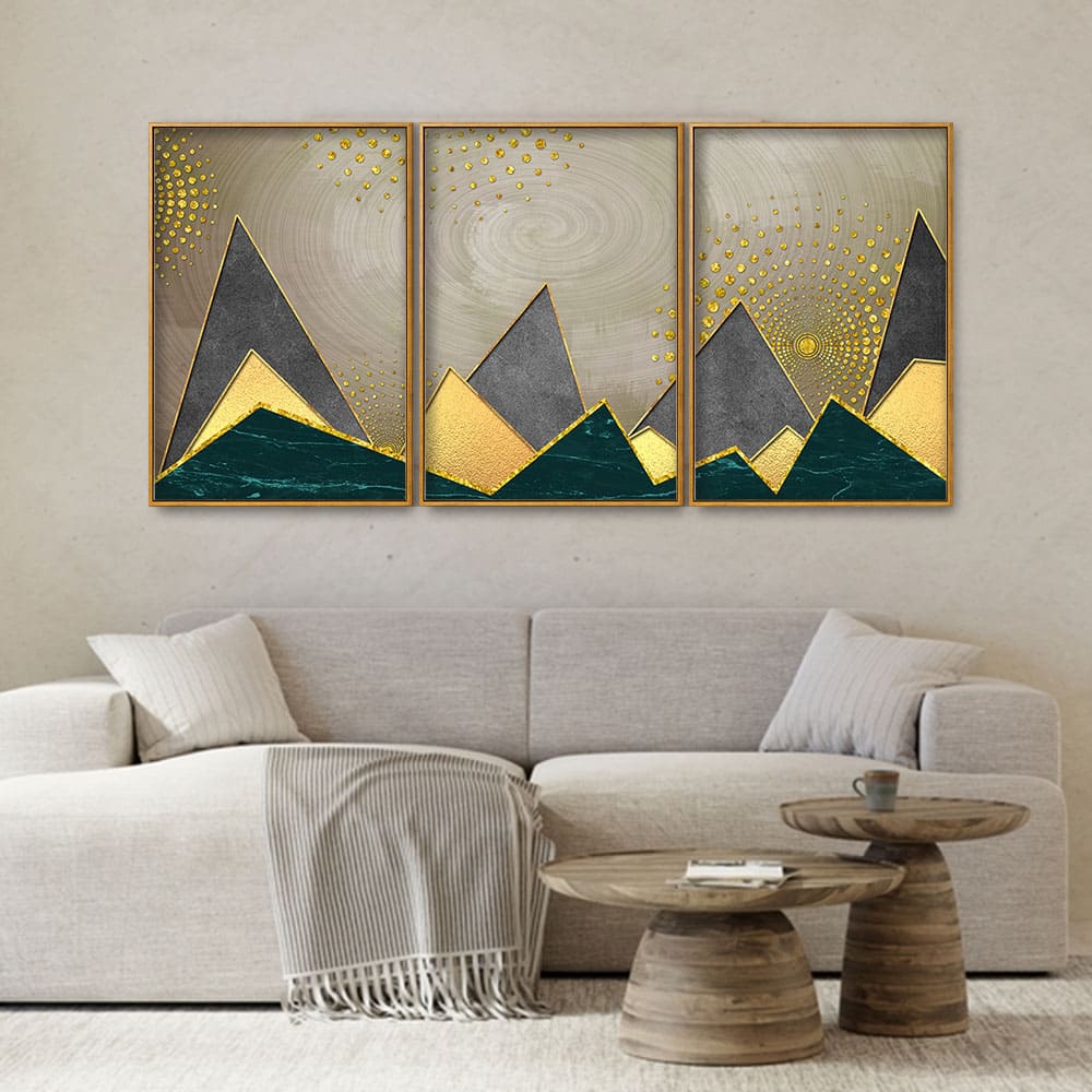 Geometric Shapes with Golden and dark triangles Floating Canvas Wall Painting Set of Three