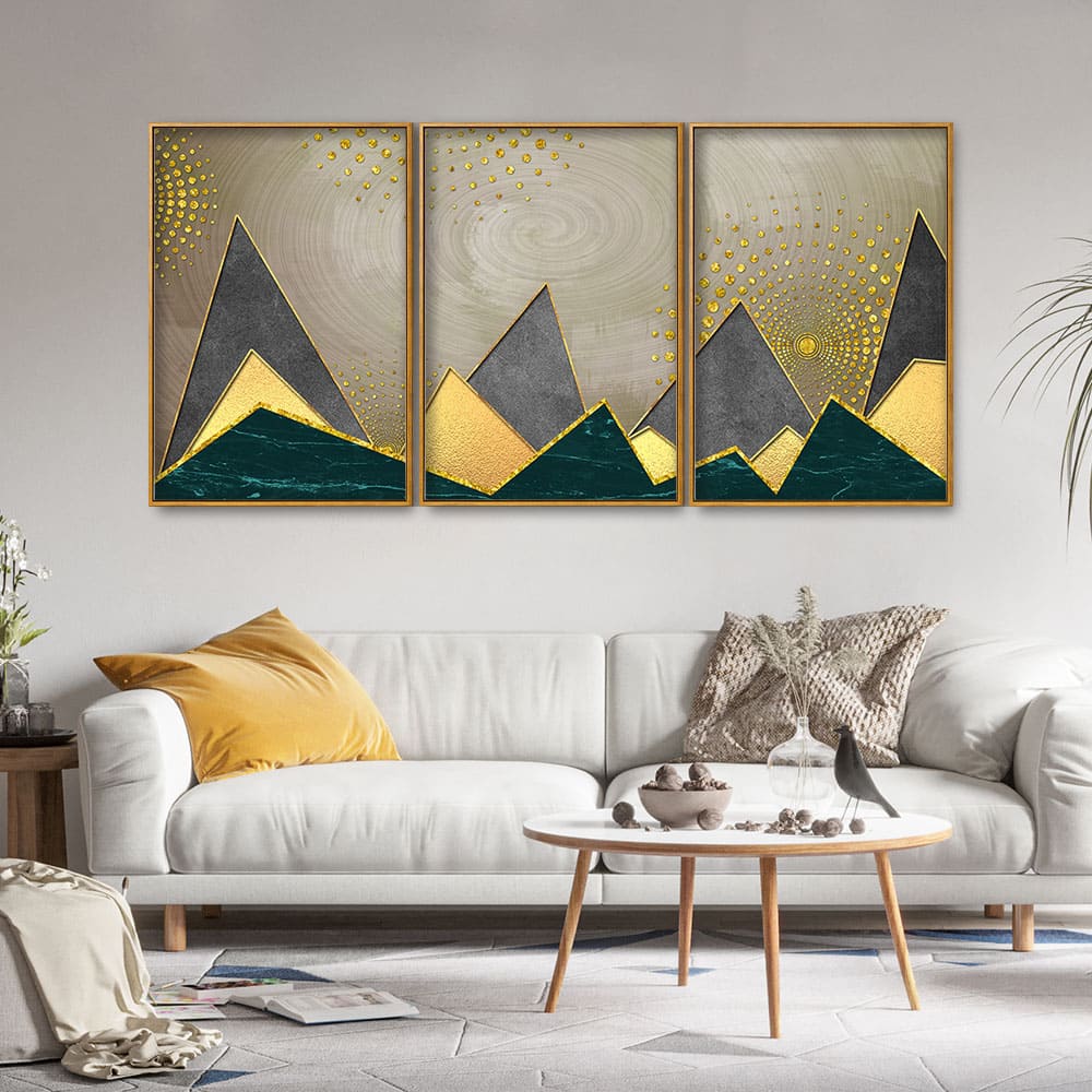 Geometric Shapes with Golden and dark triangles Floating Canvas Wall Painting Set of Three