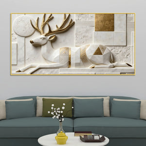 Geometric White & Golden Resting Stag 3D Canvas Wall Painting