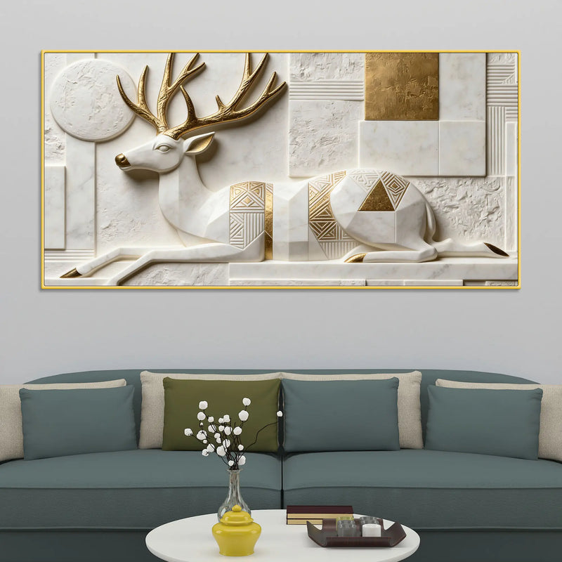 Geometric White & Golden Resting Stag 3D Canvas Wall Painting