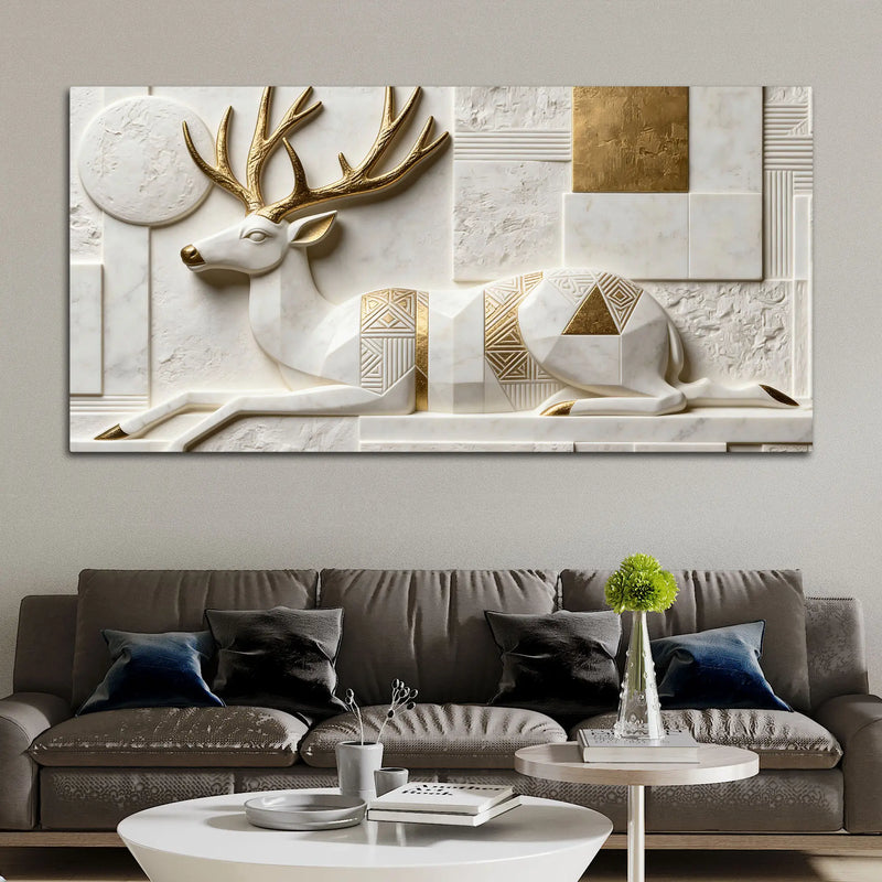 Geometric White & Golden Resting Stag 3D Canvas Wall Painting