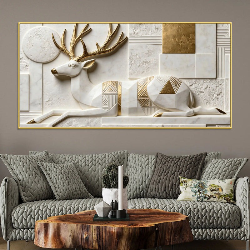 Geometric White & Golden Resting Stag 3D Canvas Wall Painting