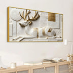 Geometric White & Golden Resting Stag 3D Canvas Wall Painting