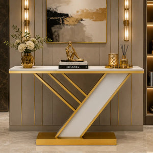Geometric Z Base Console Table with Marble Finish Top