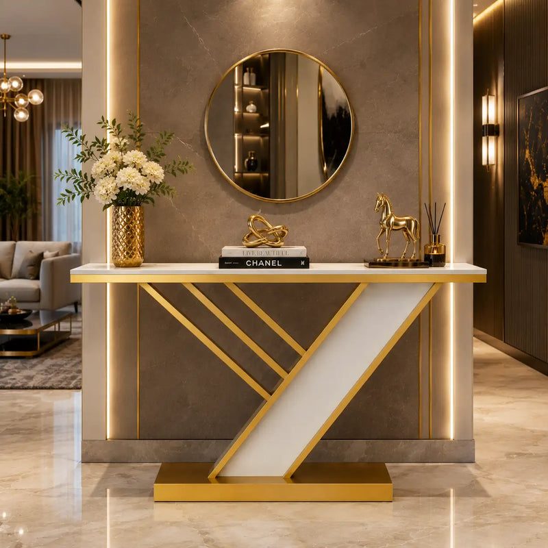 Geometric Z Base Console Table with Marble Finish Top