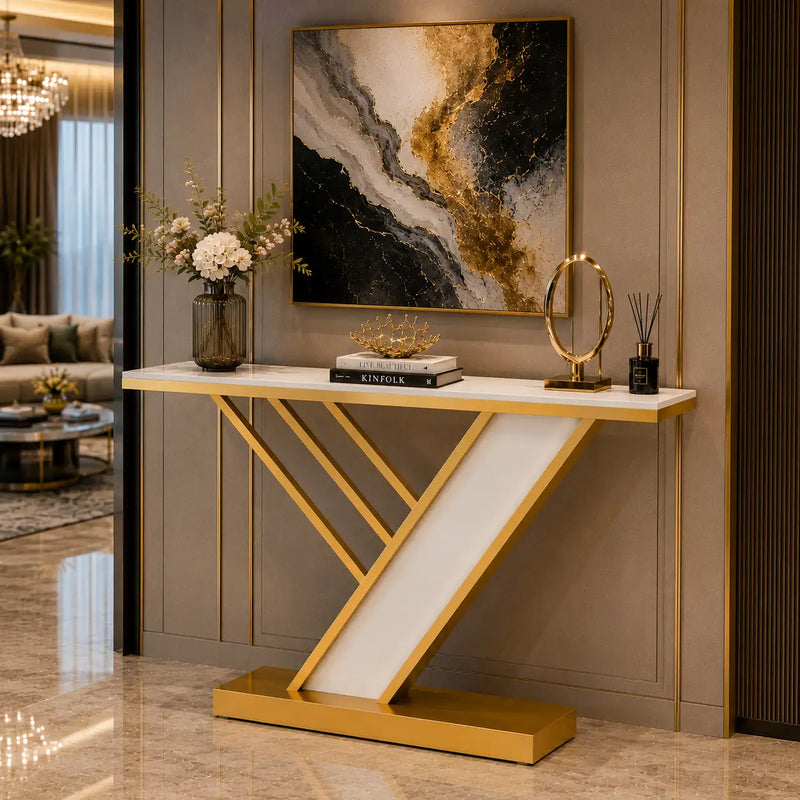 Geometric Z Base Console Table with Marble Finish Top