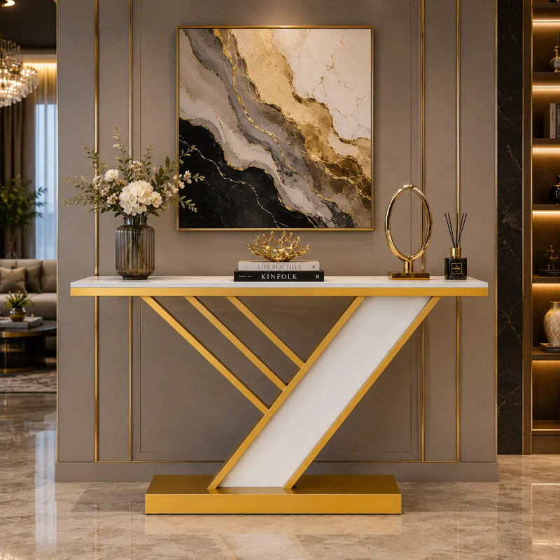 Geometric Z Base Console Table with Marble Finish Top