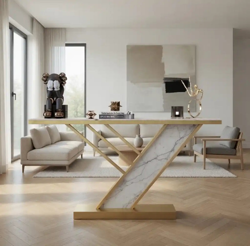 Geometric Z Base Console Table with Marble Finish Top