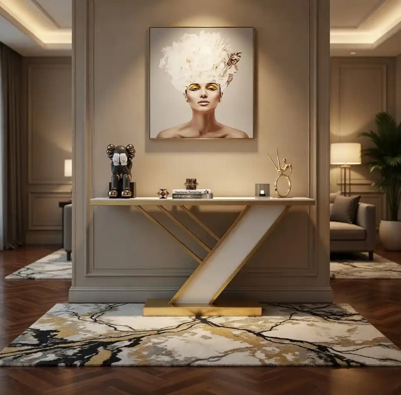 Geometric Z Base Console Table with Marble Finish Top