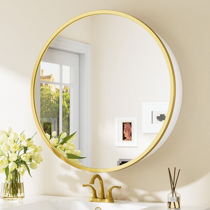 Gervon Round Medicine Cabinet White Gold Wall Mounted Mirror
