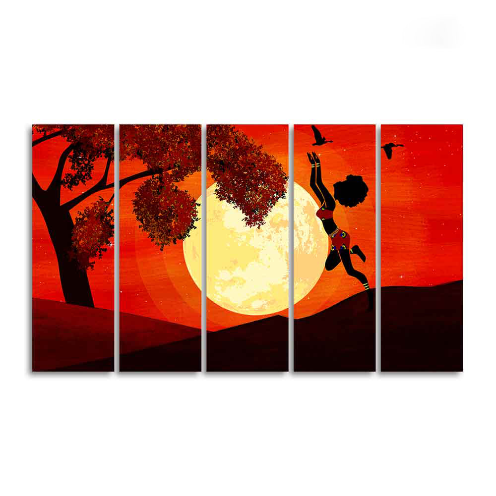 Girl Catching Bird Premium Wall Painting Set of Five Pieces