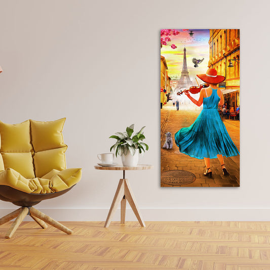 Girl Playing Violin and Eiffel Tower Canvas Wall Painting