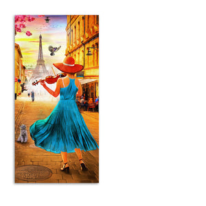 Girl Playing Violin and Eiffel Tower Canvas Wall Painting