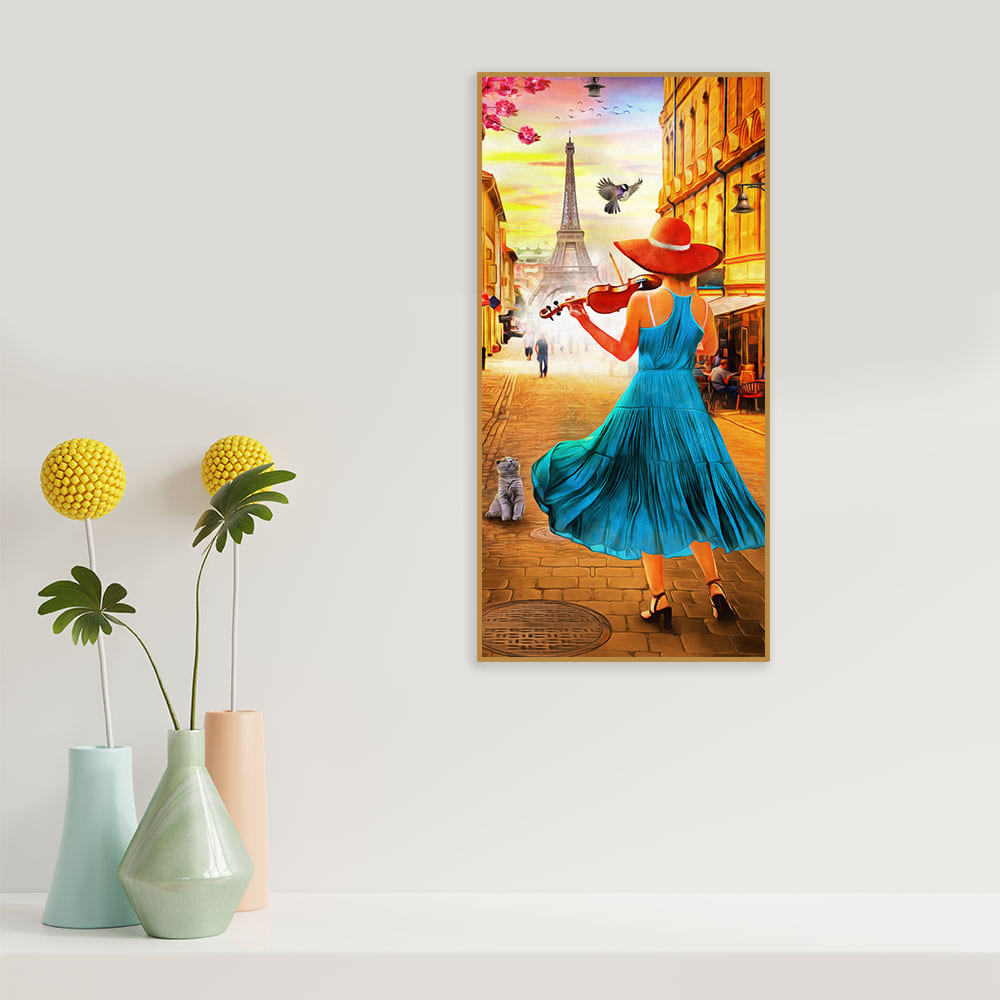 Girl Playing Violin and Eiffel Tower Canvas Wall Painting