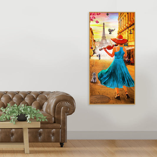 Girl Playing Violin and Eiffel Tower Canvas Wall Painting