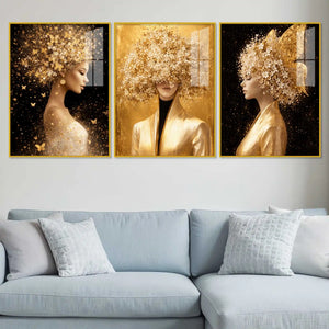 Glamorous Floral Woman Floating Acrylic Wall Painting Set of 3