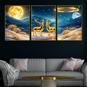 glistening-pair-of-golden-stag-under-moon-floating-frame-crystal-wall-painting-set-of-3