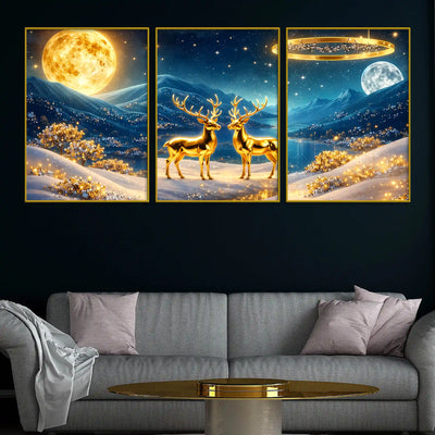 glistening-pair-of-golden-stag-under-moon-floating-frame-crystal-wall-painting-set-of-3
