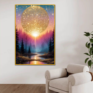 Glittering Sun Over Forest Floating Frame Crystal Wall Painting