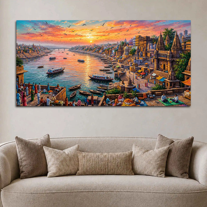 Glorious Kashi Temple Riverside Painting for Entryway Décor