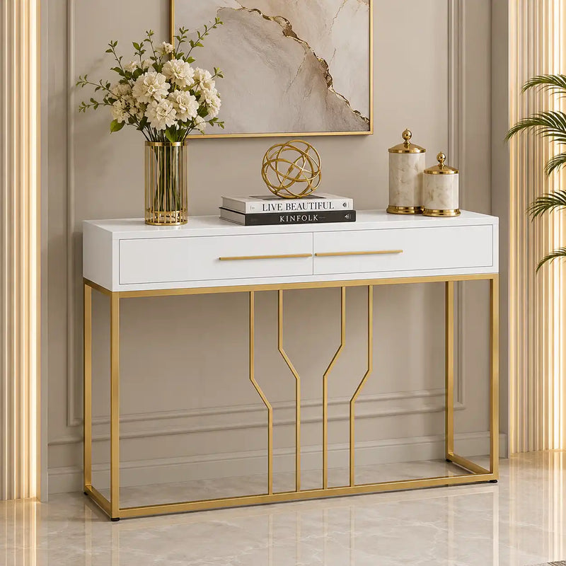 Glossy White Top Console with Modern Gold Detailing