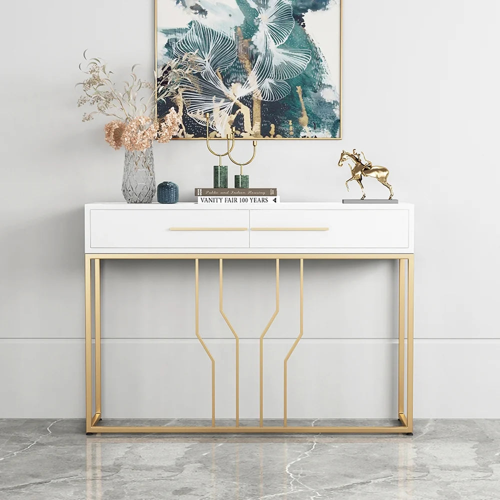 Glossy White Top Console with Modern Gold Detailing