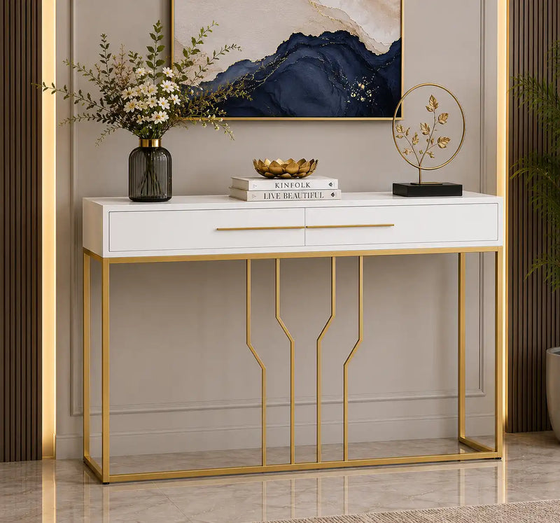 Glossy White Top Console with Modern Gold Detailing