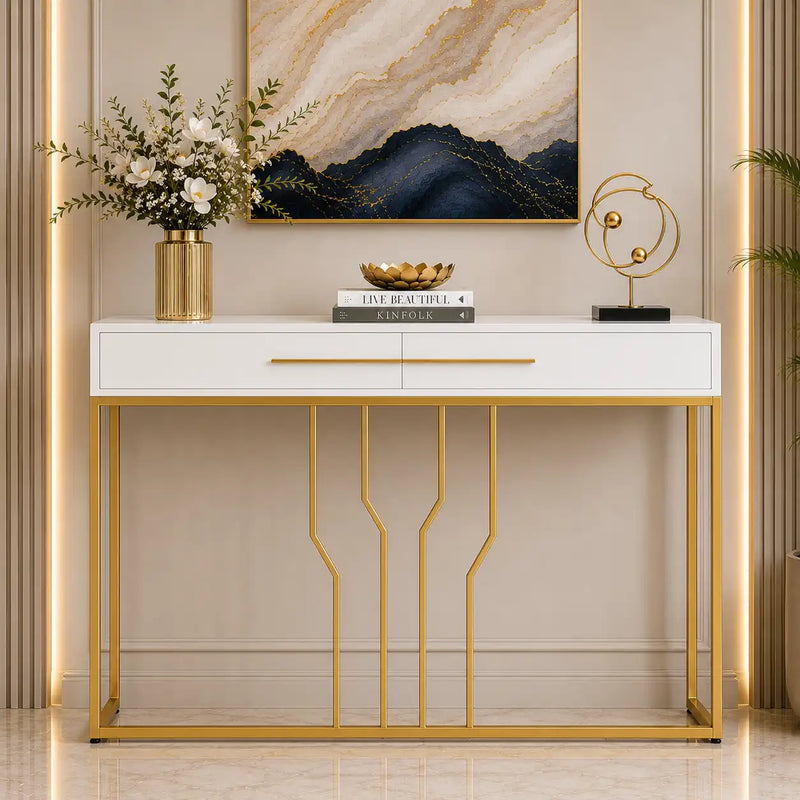 Glossy White Top Console with Modern Gold Detailing