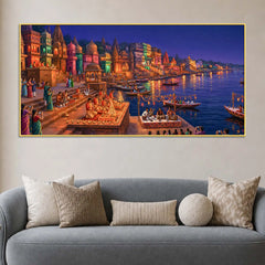 Glowing Kashi Ghats Night Canvas Wall Art Painting