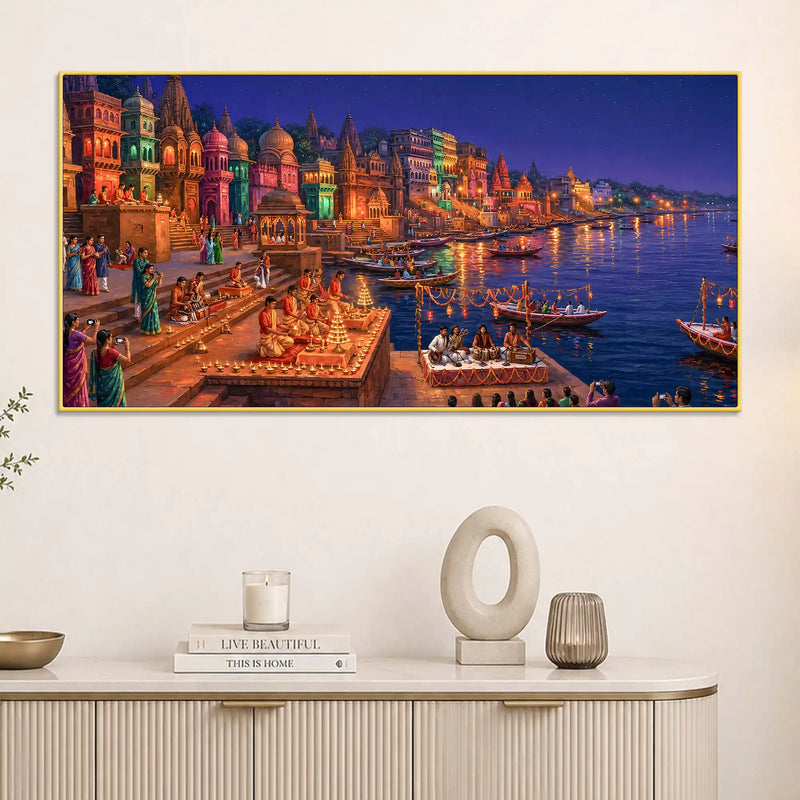 Glowing Kashi Ghats Night Canvas Wall Art Painting