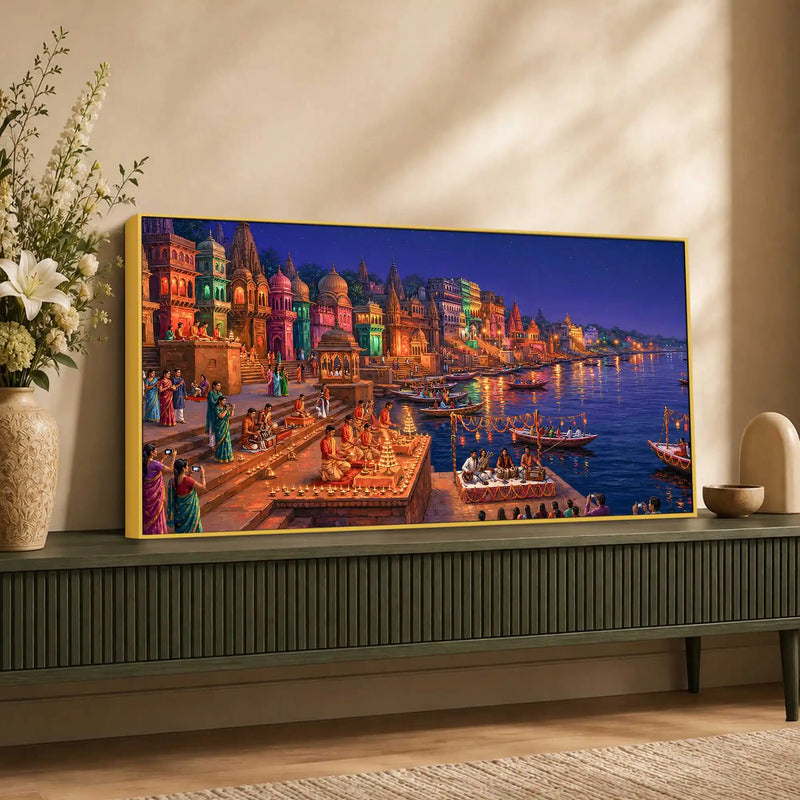Glowing Kashi Ghats Night Canvas Wall Art Painting