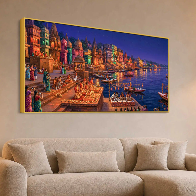 Glowing Kashi Ghats Night Canvas Wall Art Painting