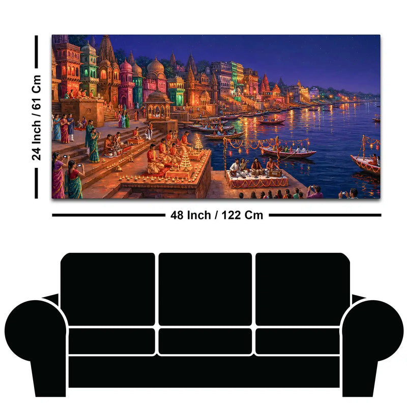 Glowing Kashi Ghats Night Canvas Wall Art Painting