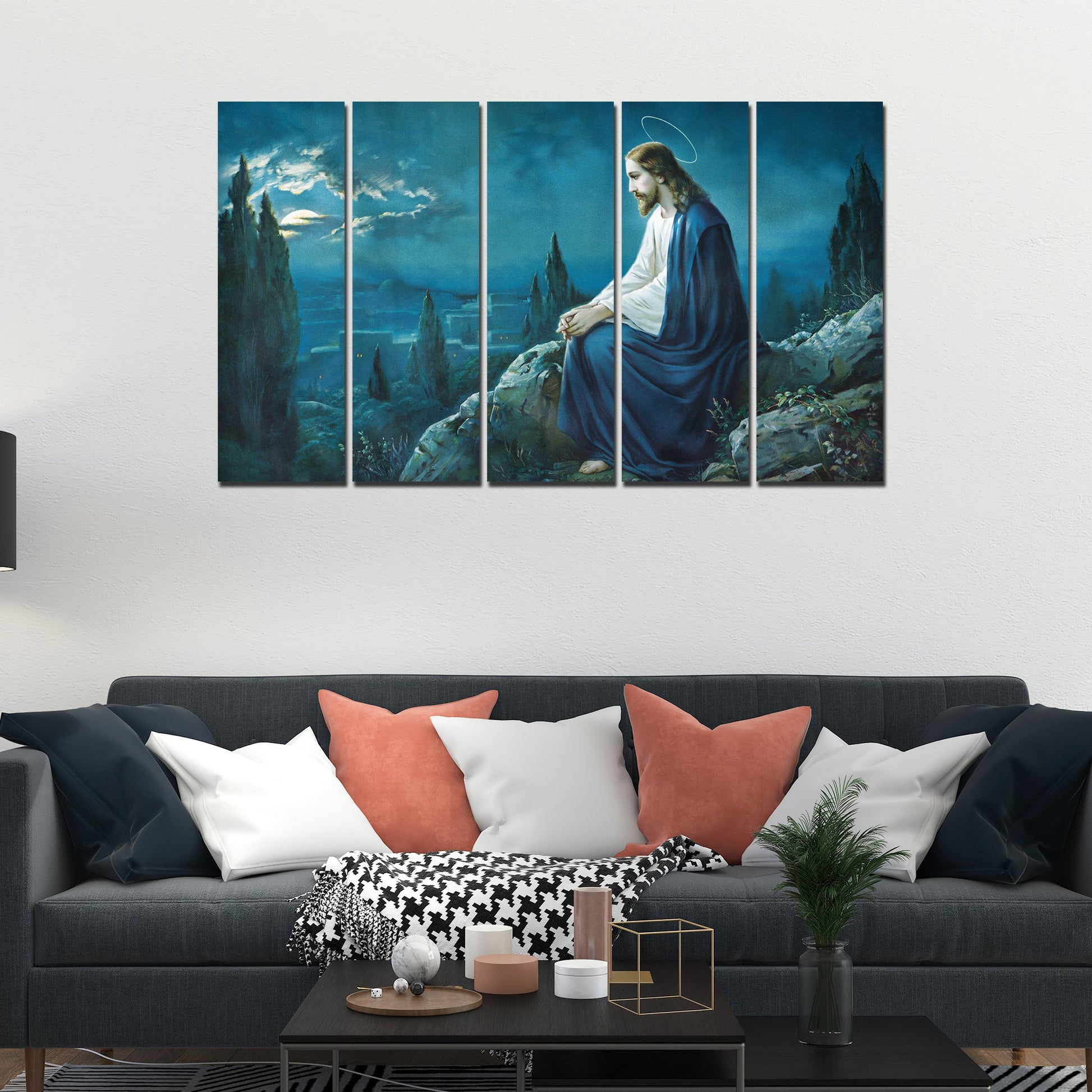 God Jesus in Forest Canvas Wall Painting 5 Pieces