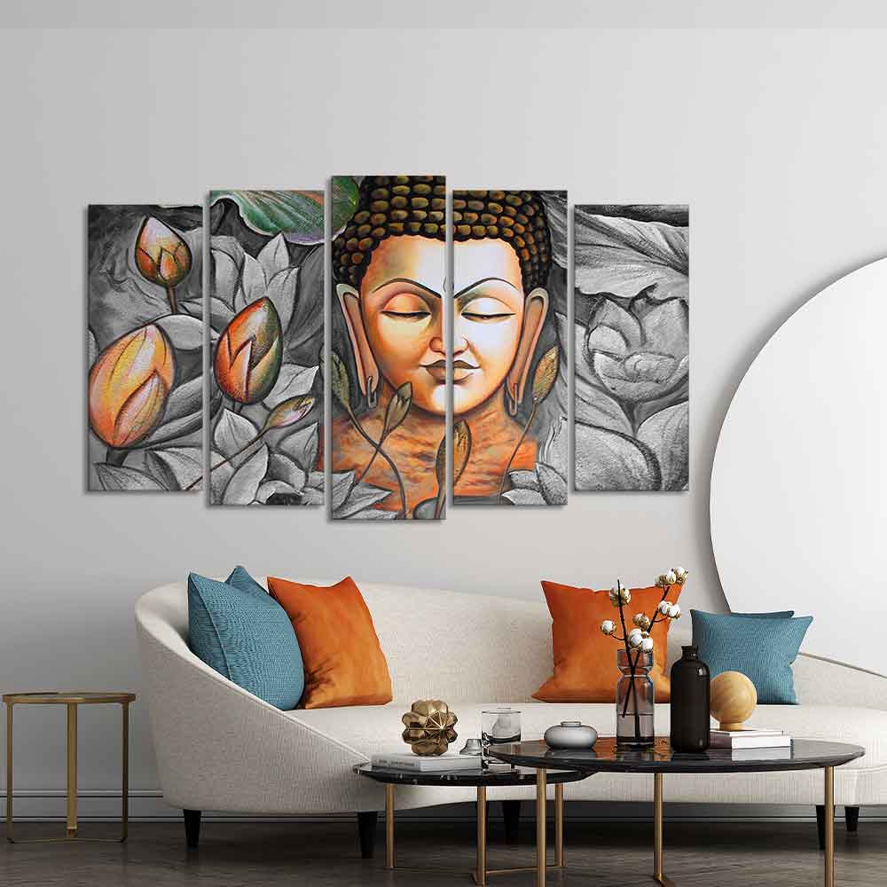 God Buddha Meditating Canvas Wall Painting Set of Five Pieces