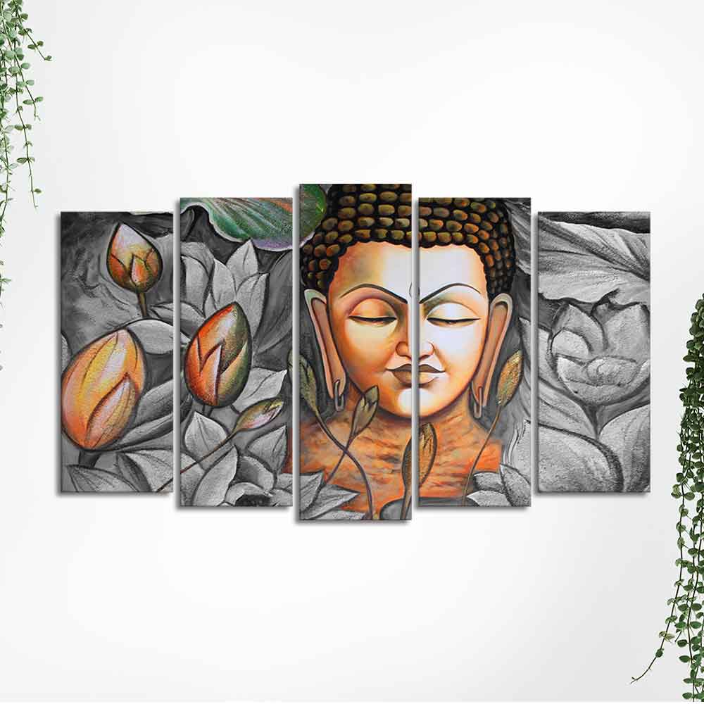 God Buddha Meditating Canvas Wall Painting Set of Five Pieces