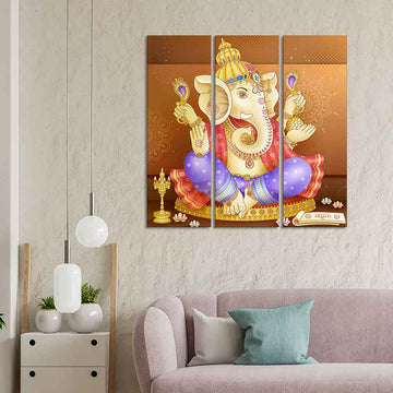 God Ganesha Beautiful Wall Painting of Three Panels