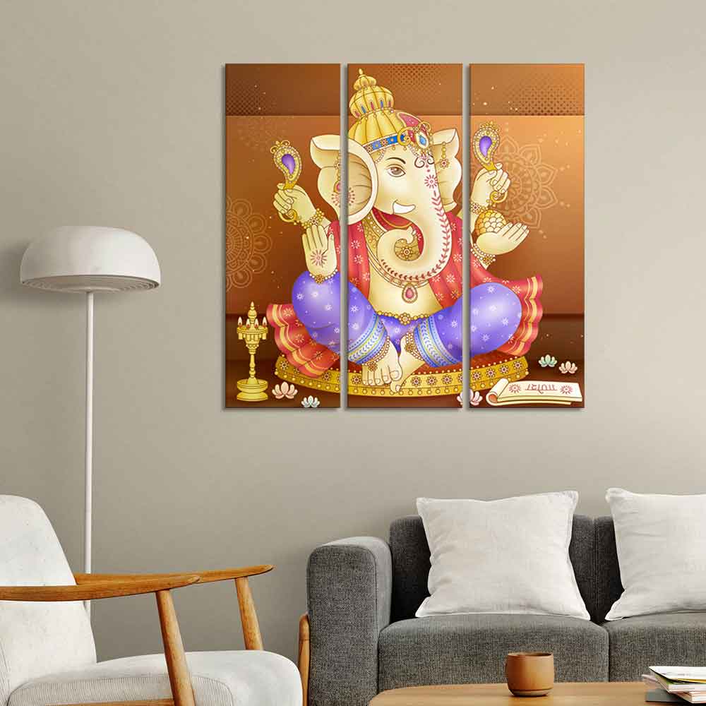 God Ganesha Beautiful Wall Painting of Three Panels