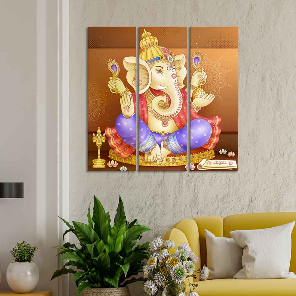 God Ganesha Beautiful Wall Painting of Three Panels