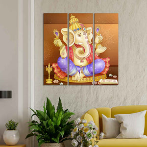 God Ganesha Beautiful Wall Painting of Three Panels