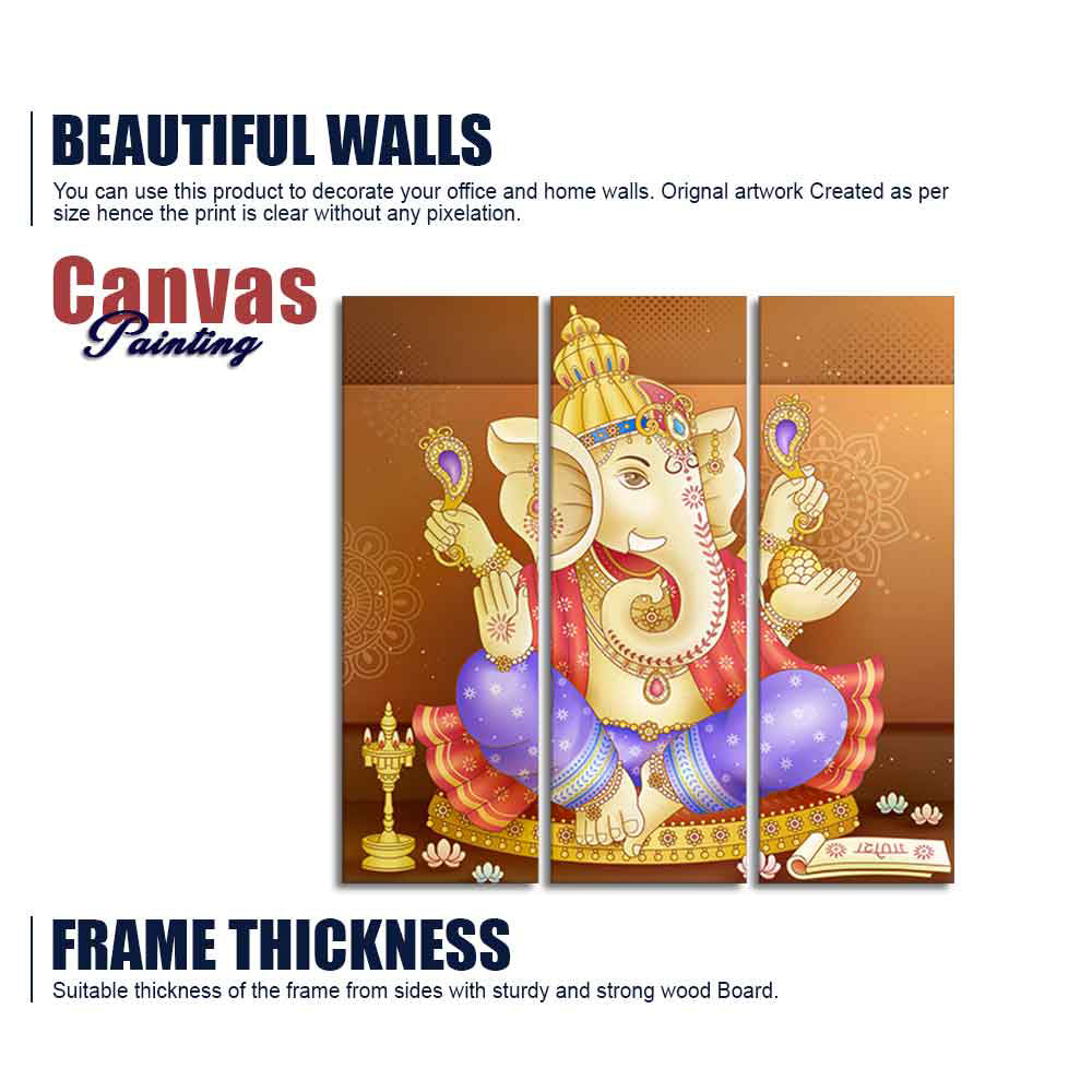 God Ganesha Beautiful Wall Painting of Three Panels