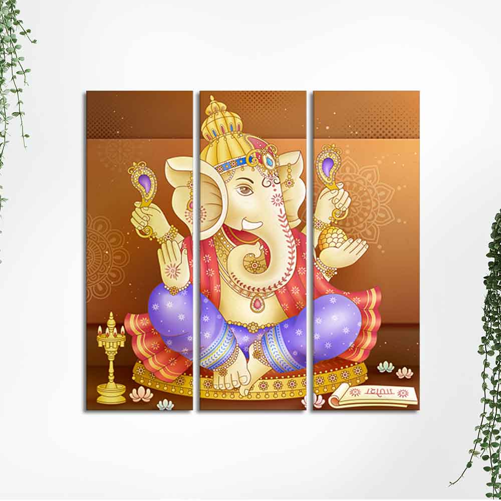 God Ganesha Beautiful Wall Painting of Three Panels