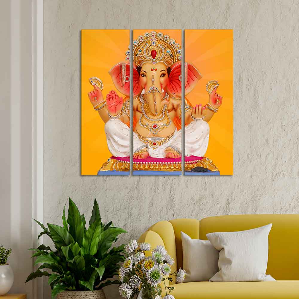 God Ganesha Canvas Wall Painting of Three Panels