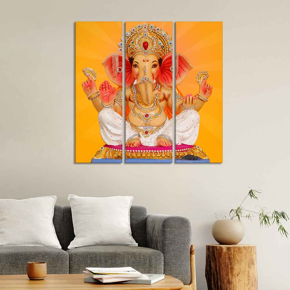 God Ganesha Canvas Wall Painting of Three Panels