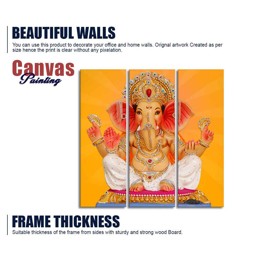 God Ganesha Canvas Wall Painting of Three Panels