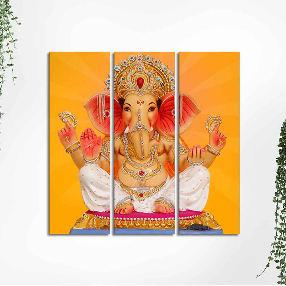 God Ganesha Canvas Wall Painting of Three Panels