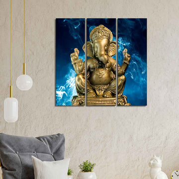 God Ganesha Golden Sculpture Wall Painting of Three Panels