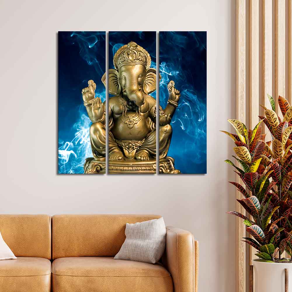 God Ganesha Golden Sculpture Wall Painting of Three Panels