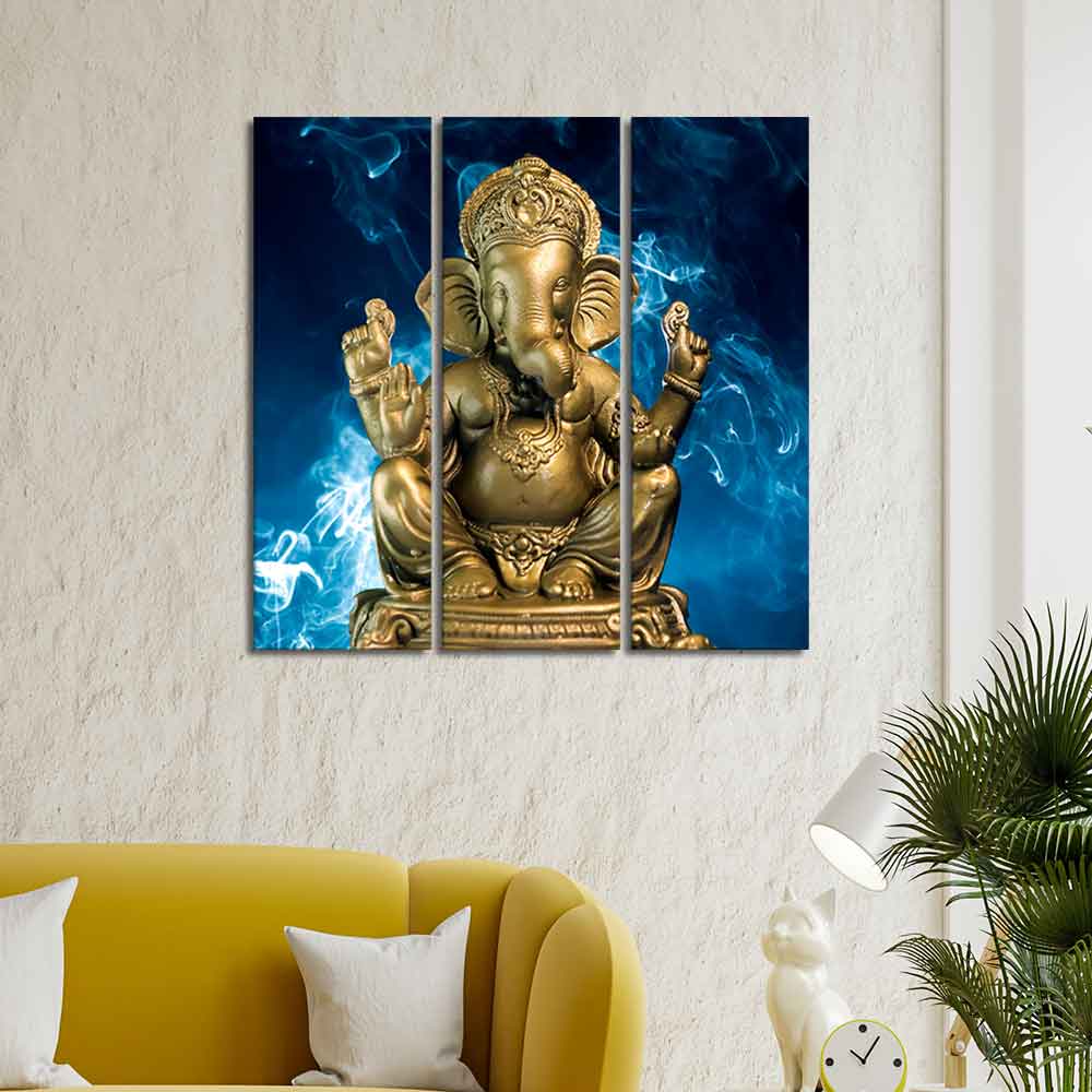 God Ganesha Golden Sculpture Wall Painting of Three Panels