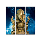 God Ganesha Golden Sculpture Wall Painting of Three Panels